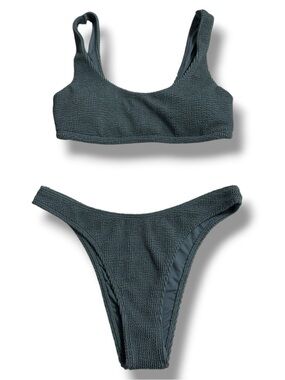Hollister Textured Bikini Set Size M Teal Crinkle Smocked Scoop Neck Swimwear